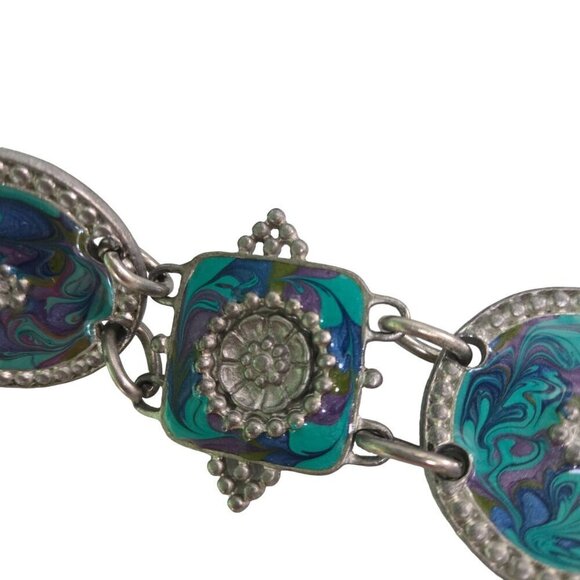 Chico's Vintage Black Leather Enamel Medalian Link Belt Size 30-34 - Picture 4 of 6